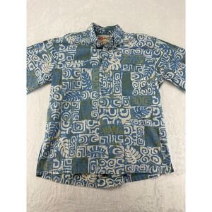 Hilo Hattie Shirt Mens L Hawaiian Original Blue Green Abstract Tribal Cotton